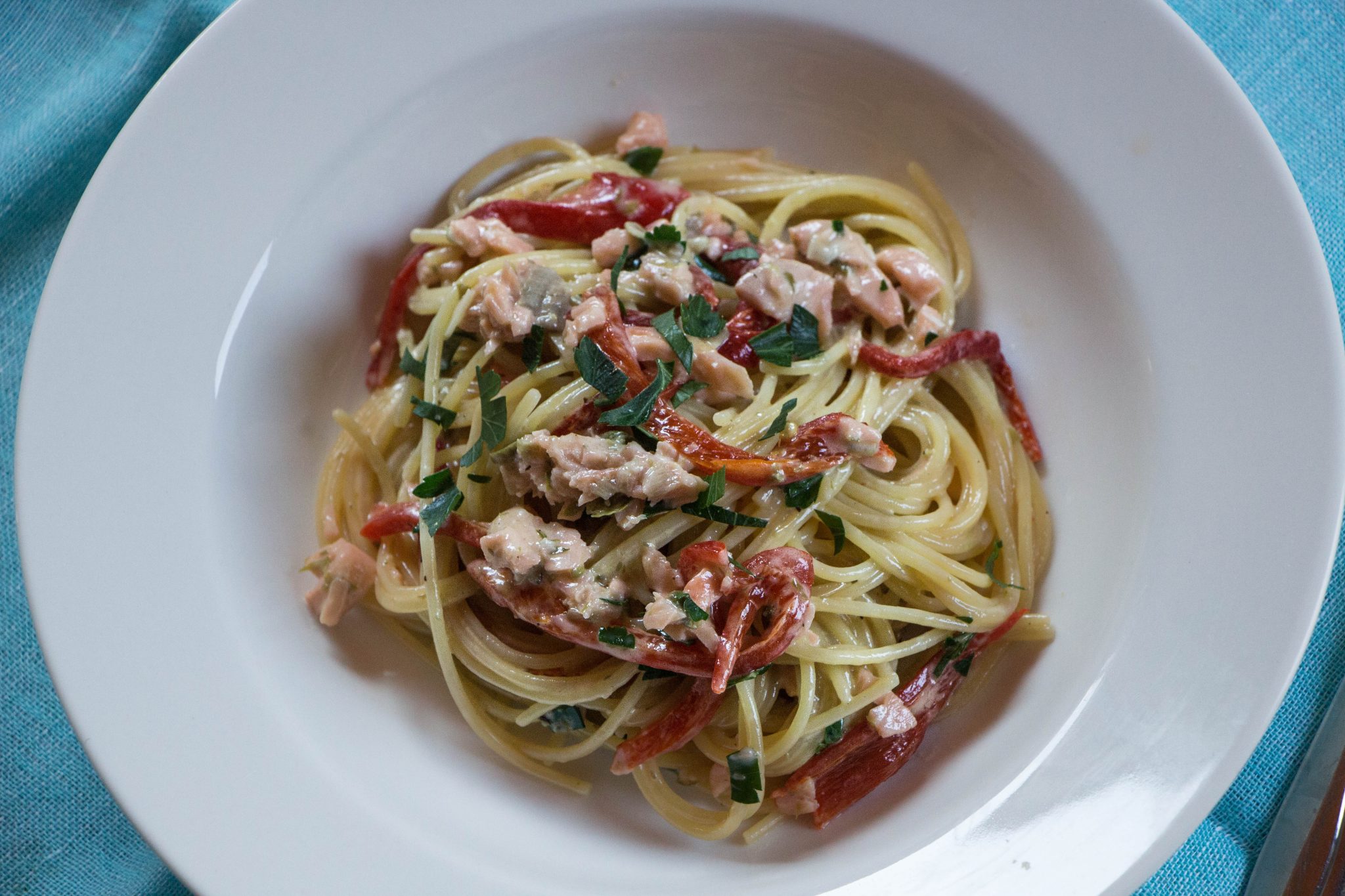 Spaghetti with Creamy Smoked Salmon, Roasted Capsicum and Capers - Liliana  Battle