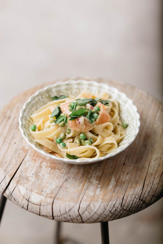 Fettuccine with Salmon, Mascarpone, Lemon and Peas - Liliana Battle